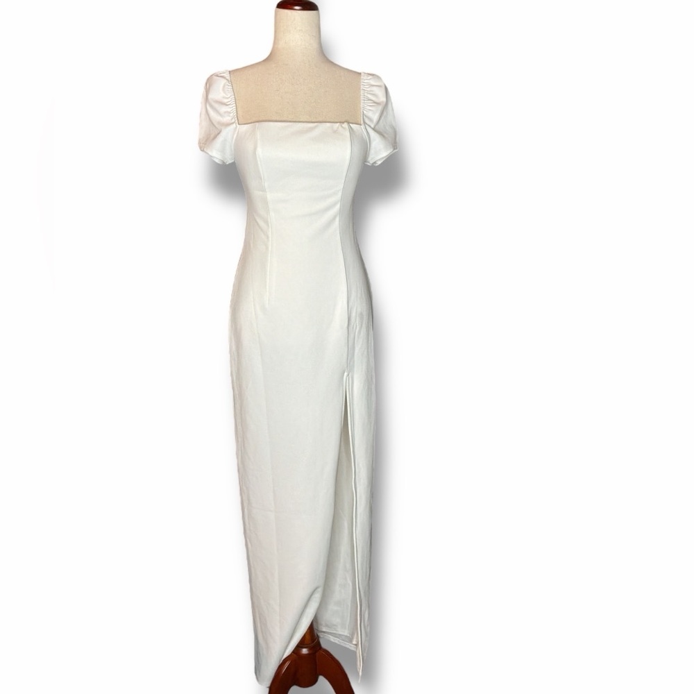 Lulu’s White Square Neck Puff Short Sleeve Side Slit Maxi Dress Size Small